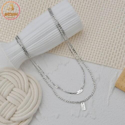 Akizoom Fashion Double Layer Rectangle Lucky Pendant Necklace Stainless Steel Figaro Chain Vintage for Women Jewelry Party Gift