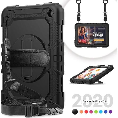 For чехол kindle fire HD 8 case 2020 360 Rotate Wrist&Neck Strap Protective Cover for kindle fire HD 8 plus