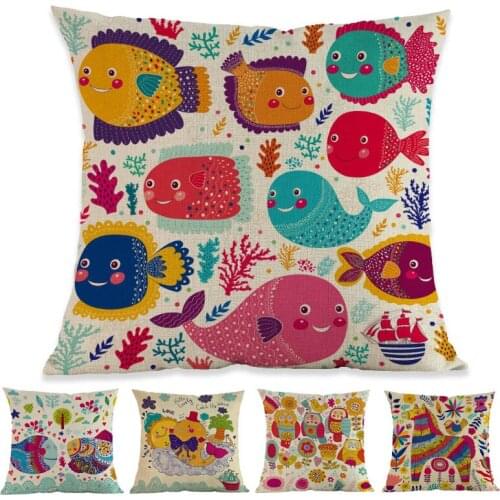 Colored hand painted Cartoon Cute Animals Whale Fish Birds Throw Pillow Case Home Sofa Child Kids Room Decorative Cushion Cover