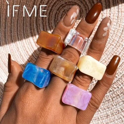 IF ME 6PCS/SET Simple Thick Colorful Transparant Acrylic Resin Pattern Geometric Irregular Rings for Women Vintage Jewelry New