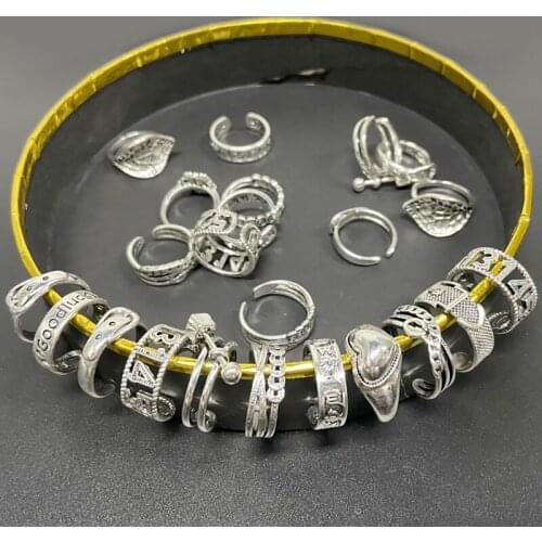 5Pcs Silver Women Punk Opening Adjustment Rings Statement Finger Retro Carved Jewelry Trendy Wholesale Mix Simple Fashion Ring