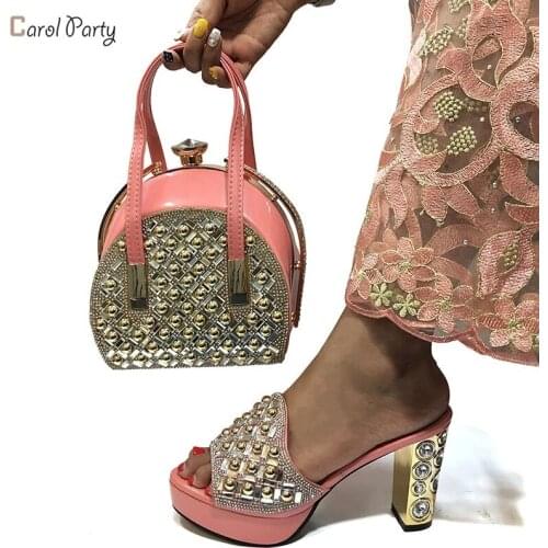 2020 African Ladies Matching Women Shoe and Bag Material with Crystal Italian design Women Shoes and Bags Set for Party