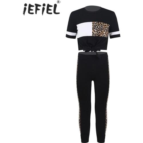 Kids Girls Clothes Set Short Sleeve Leopard Print Sport Tanks Crop Top with Leggings Running Workout Dancewear Gymnastics Outfit