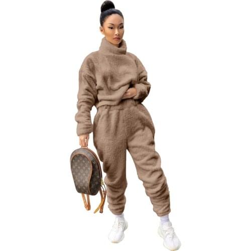 Turtleneck Fleece Tracksuit Women Jogging Fmee Fitness Sportswear Long Sleeve Sweat Top with Pants Sweatsuits Two Piece Set