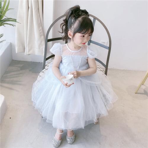 Girl Summer Spring White Dresses Formal Kids Fashion Sleeveless Pearls Ball Gown Casual Children Round Neck Flower Girl Dresses