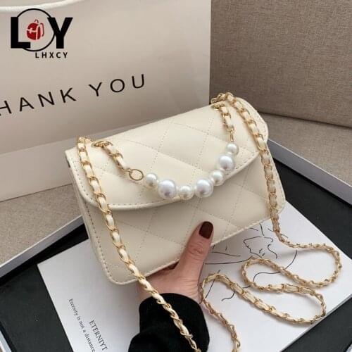 LHXCY High Quality Chain Pearl Rhombus Lattice Crossbody Bags High Capacity Hasp Black White Purses And Handbags Fashion Handbag