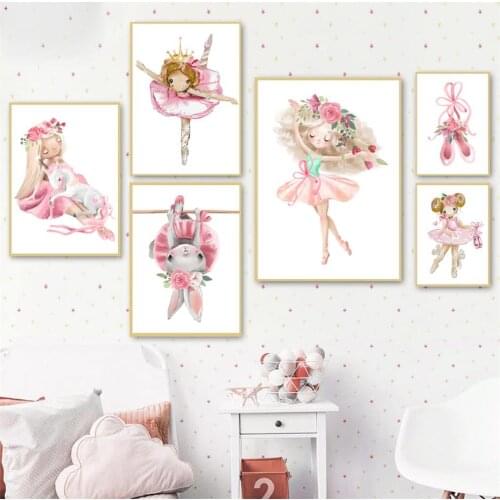 Cute Ballet Girl Flowers Rabbit Unicorn Shoes Nordic Posters and Prints Wall Art Canvas Painting Wall Pictures Kids Room Decor