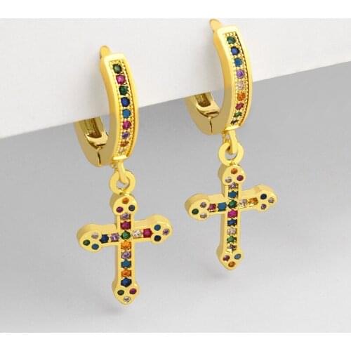 FLOLA Cute Cross Earrings For Women Stone Small Multicolor Huggies Drop Earrings CZ Cubic Zirconia Statement Jewelry Gift ersu76