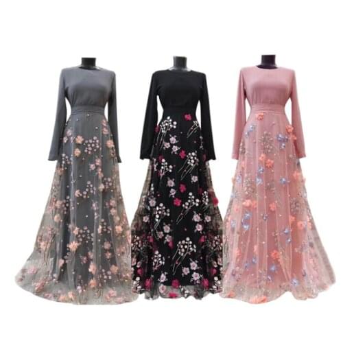 Muslim Womens New Embroidery Three Dimensional Flower Long Skirt With Hollow Splicing Long Dress