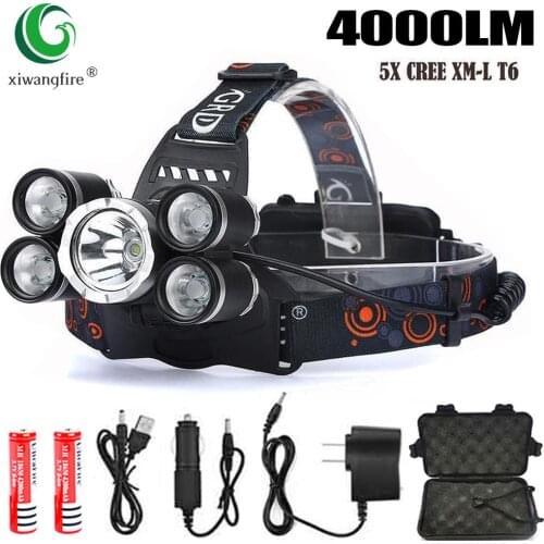 4000 Lumen Headlight Super Bright Headlamp CREE XML3/5 LED T6 Head Lamp Flashlight Torch Head Light 18650 Battery AC Charger