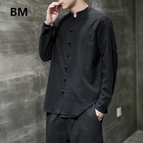 2020 Linen Shirts Men Clothing Chinese Style Long Sleeve Retro Buttoned Shirt Solid Color Stand-up Collar Loose Plus Size Tops