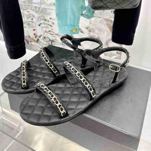 Real Leather Summer Flat Sandals Women Luxury Designer Black Sandles Chain Planas Sandalias Verano Mujer Rome Ladies Beach Shoes