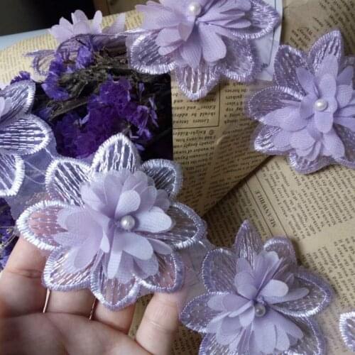 10X Puple Soluble Rose Flower Pearl Chiffon Embroidered Lace Trim Ribbon Fabric Sewing Craft Patchwork Handmade DIY Decoration