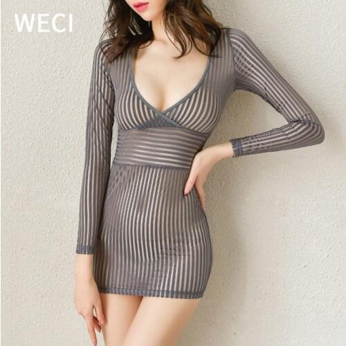 WECI Women Deep V Low-Cut Secretary Costume Sexy Uniform Lingerie Temptation Wrap Buttock Long Sleeve Striped Perspective Dress
