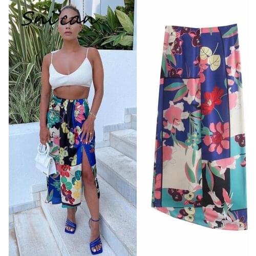 High Wasit Skirt Floral Print Ruched Asymmetrical Slit Casual Midi Skirts Za 2021 Women Jupe Longue Summer Fashion Faldas Mujer