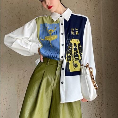 Womens Long Sleeve Printing Stitching Color Shirts Female Lapel Single Breasted Large Size Casual Loose Top X343