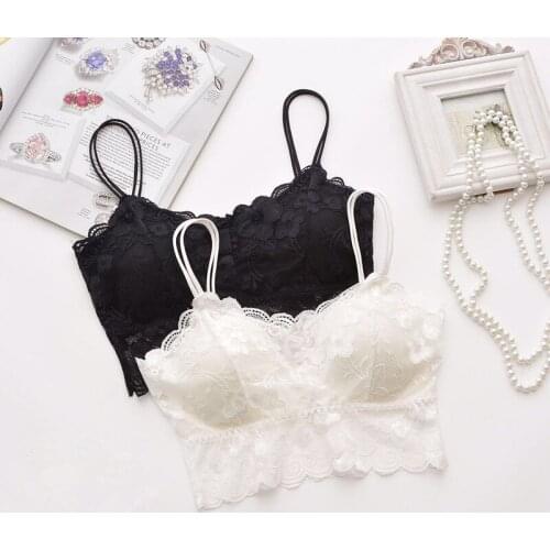 Korean Style Women Lace Tube Top With Chest Pad Double Thin Strap Sling Seamless Wire Free Bra Push Up Elastic Gather Bralette