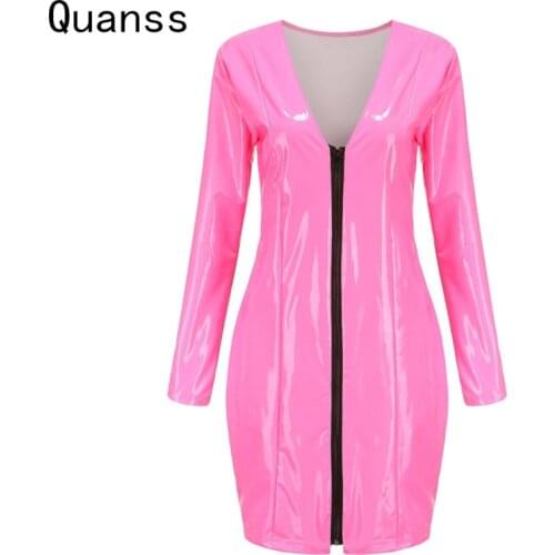Quanss Long Sleeve Deep V Neck Tight Pu Faux Leather Dress 2021 Women Bodycon Club Outfits Sexy Mini Dress Spring Autumn Clothes