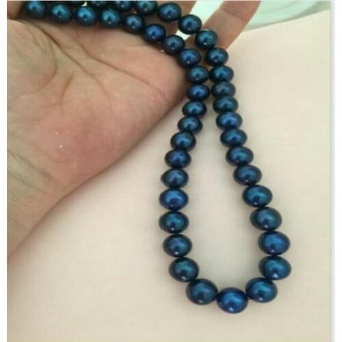 Fashion Women Party 10-11mm round black blue pearl necklace 18" 36" Yellow clasp