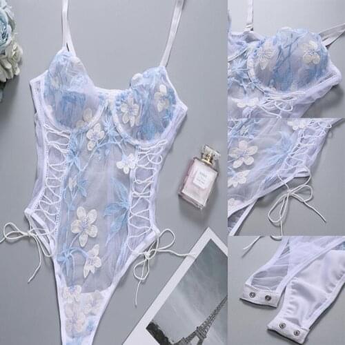 Womens Sexy Underwear Underwire Push-up Exotic Lace Floral Embroidery Teddy Catsuit with Straps Sexy Hollow Sling Babydoll