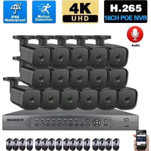 16 Channel CCTV Security Camera System 4K POE NVR Kit 8MP IP Bullet Camera Set Black Audio POE Video Surveillance Sytem Kit 8CH