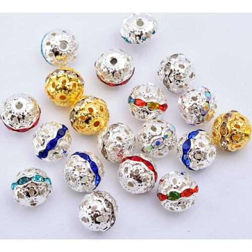 6/8/10mm color gold silver plated rhinestones beads round Crystal Loose spacer Beads for DIY necklace Jewelry Making Accessories