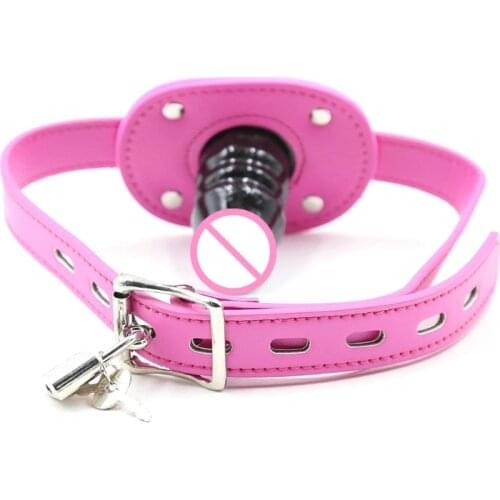Lockable Dildo Mouth Gag with Lock Bondage Leather Strap On BDSM Adult Sex Toy for Women Couples