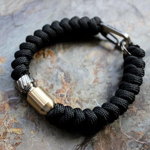 1PC Hand-woven Umbrella Rope Weaving Paracord Survival Bracelet With Brass Torpedo Shape Bead Titanium Alloy Hanging Buckle