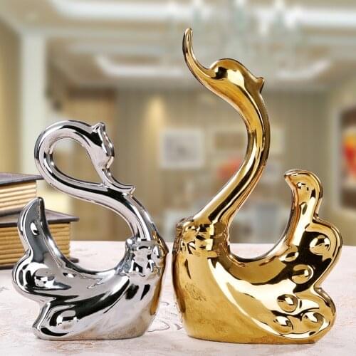 Home Decorative Ceramic Silver and Gold Colour Porcelain Swan Sculpture Figure Statue