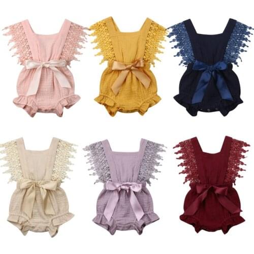 Baby Girls Romper Infant Lace Sleeveless Square Neck Romper Jumpsuits Solid Color Casual Toddler Baby Clothes 0-24M