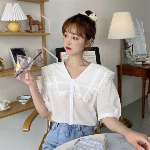 Design Sense Double Navy Collar Foreign Style New Vintage Korean Version Shirt Summer Loose Short Sleeve Shirt WomenS Clothing