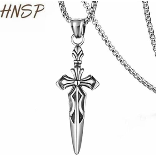 HNSP Punk Sword Cross Necklace Pendant For Men Boy Vintage Jewelry 50 cm Stainless Steel Chain