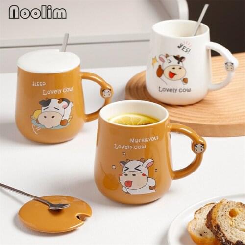 European Ceramic Cartoon Coffee Mug with Lid and Spoon Set Cute Cow Office Tea Cup Porcelain Breakfast Milk Mug Drinkware 400ML