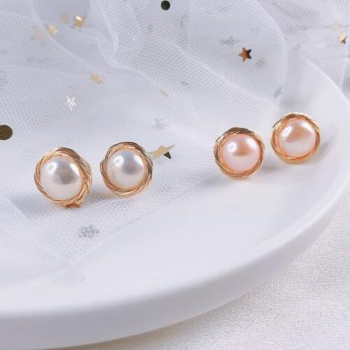 LJHMY Pearl Stud Earrings 14K Gold Plated Wrap Wire White Pink Black Gray Purple Gothic Earrings Boho