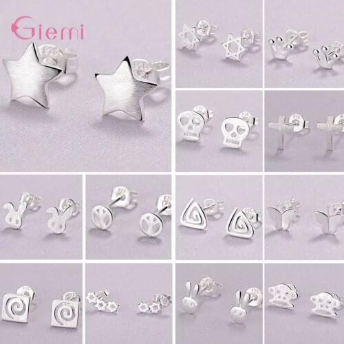 Cute Cartoon 925 Sterling Silver Stud Earrings Rabbit Star Butterfly Feather Fashion Jewelry Women Girl Child Brithday Gift
