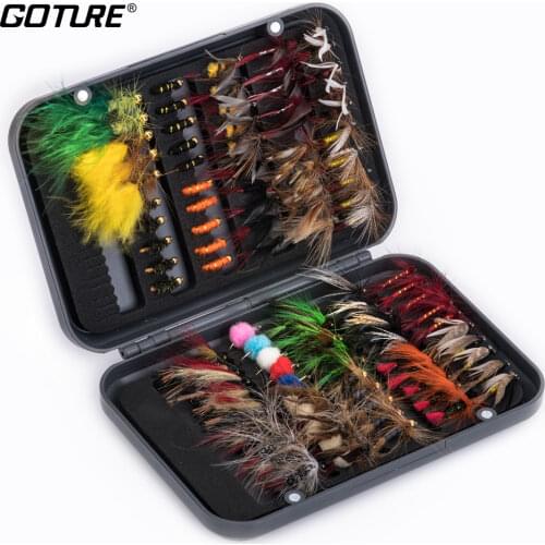Goture 100pcs Fly Fishing Lures Set Wet Dry Streamer Nymph Flies Artificial Bait for Trout Bass Fly Pesca Isca with Box