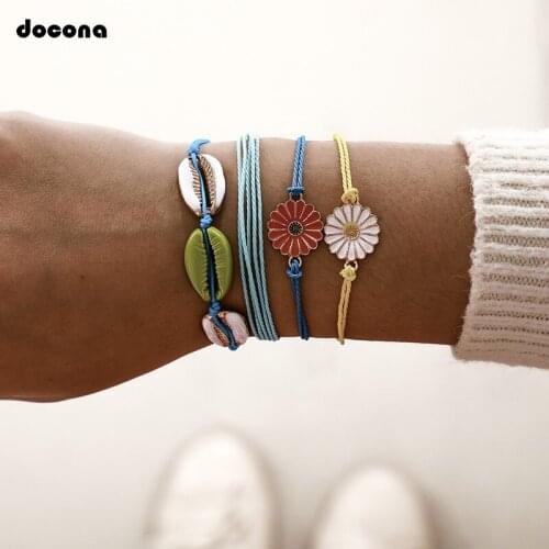 Docona Bohemia Shell Sunflower Daisy Charm Bracelets for Women Handmade Blue Rope Chain Bracelet Set Jewelry Pulsera 8033