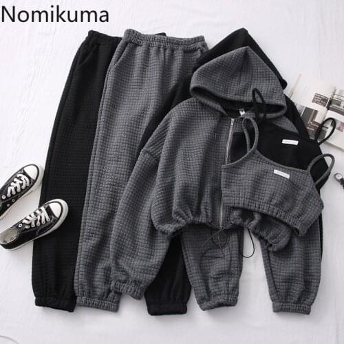 Nomikuma New Arrival Women Three Pieces Set Zip-up Long Sleeve Hooded Jackets Short Camisole High Waist Pants Casual Outfits