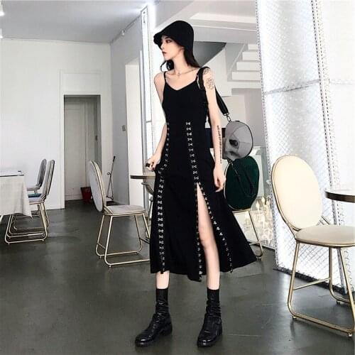 New Summer Gothic Retro elegant temperament V-neck bare back sexy open strap dress tall waist Slim small black dress