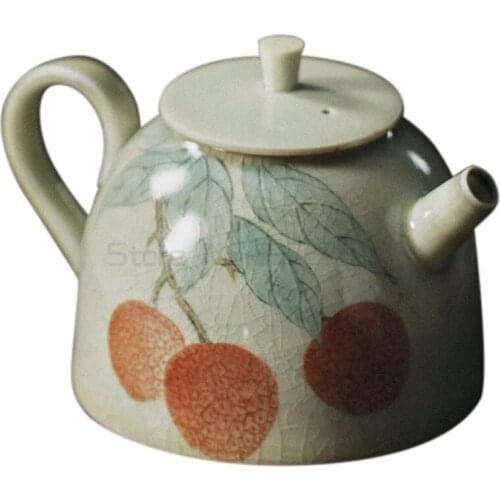 Household hand-painted litchi teapot retro Ru kiln open piece manual single pot Chinese elegant tea set