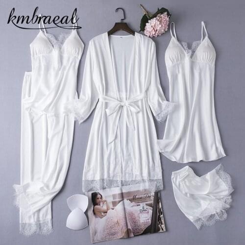 Sexy Lace Satin Robe Womens 5PCS Gown Sets Nighty Bathrobe Nightgown Sleep Suit Spring Sleepwear Home Kimono Intimate Lingerie