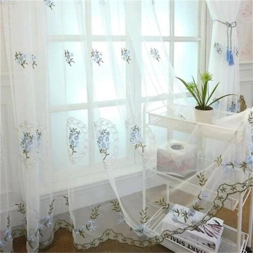 European Blue Floral Sheer Curtains for Living Room Bedroom Tulle Curtains Home Decor ,Window Treatment Drapes Custom