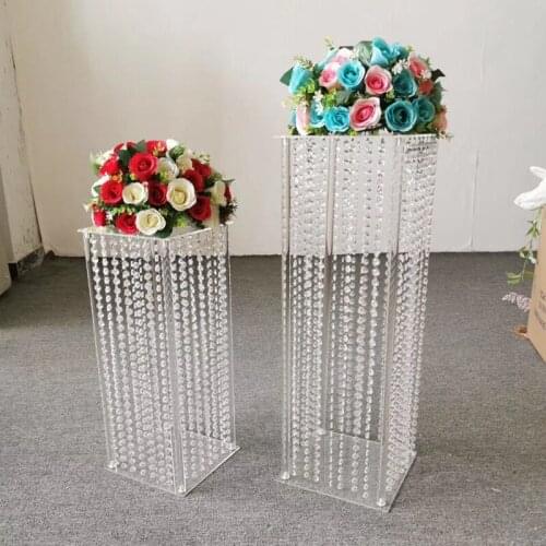 Wedding decoration clear acrylic flower stand glass vase column stand rack pillar with acrylic pendants decoration for weddings