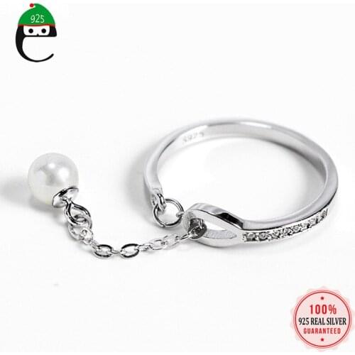 Trustdavis Authentic 925 Sterling Silver Fashion Sweet Pearl Chain Open Finger Ring For Women Wedding Fine Jewelry Gift DS594