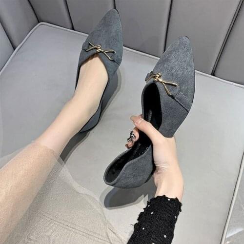 Low Single Shoes Womens Spring 2021 Korean Edition Soft Soles Flat Heels Leisure Pointy Shoes with Shallow Bow Knot
