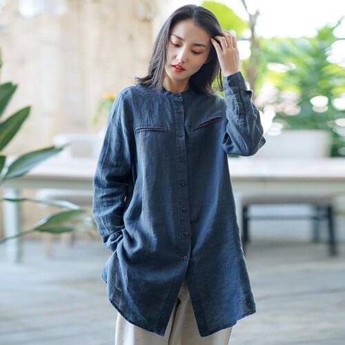 Johnature Women Vintage Long Shirts Ramie Tops Solid Color Loose Spring Blouses 2021 New Stand Long Sleeve Women Casual Shirts