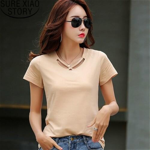 Korean clothes harajuku shirt plus size women t shirt 2019 womens clothing Hole Short Solid V-Neck women tshirt 2576 50