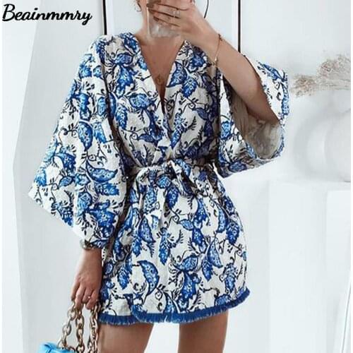 Women Za Blue Print Long Kimonos Spring And Autumn Elegant Female Batwing Sleeve Bow Sashes Shirts Chic Blusas Tops 2021