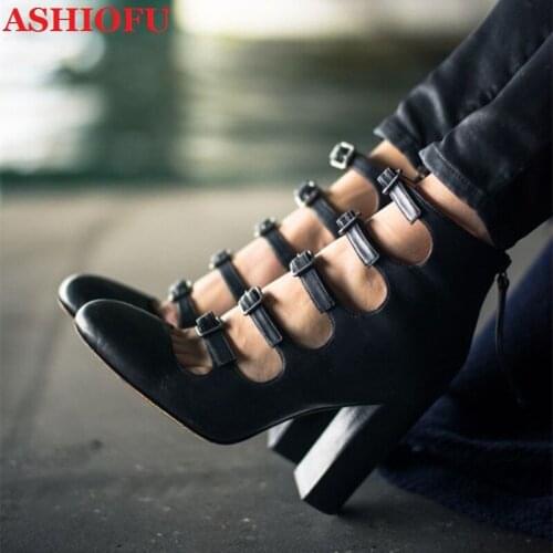 ASHIOFU Handmade Womens Pumps Five-buckle Straps Party Block Heel Dress Shoes Evening Large Size Fashion Court Shoes