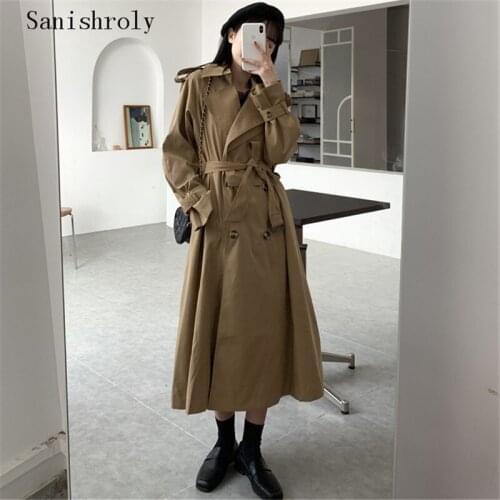 Sanishroly Korean Chic Womens Trench Coat Casual Ladies Long Outerwear Cloak With Belt Fashion Double-breasted Windbreaker 1198